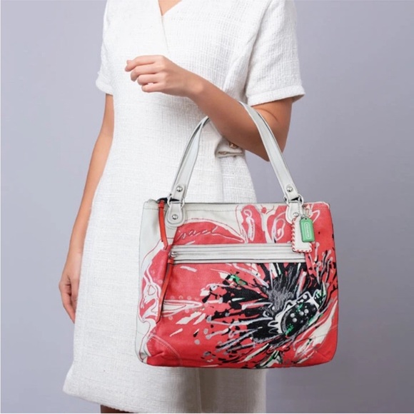 Coach Handbags - Coach Poppy Coral Floral Sequin Glam Canvas Shoulder Bag EUC